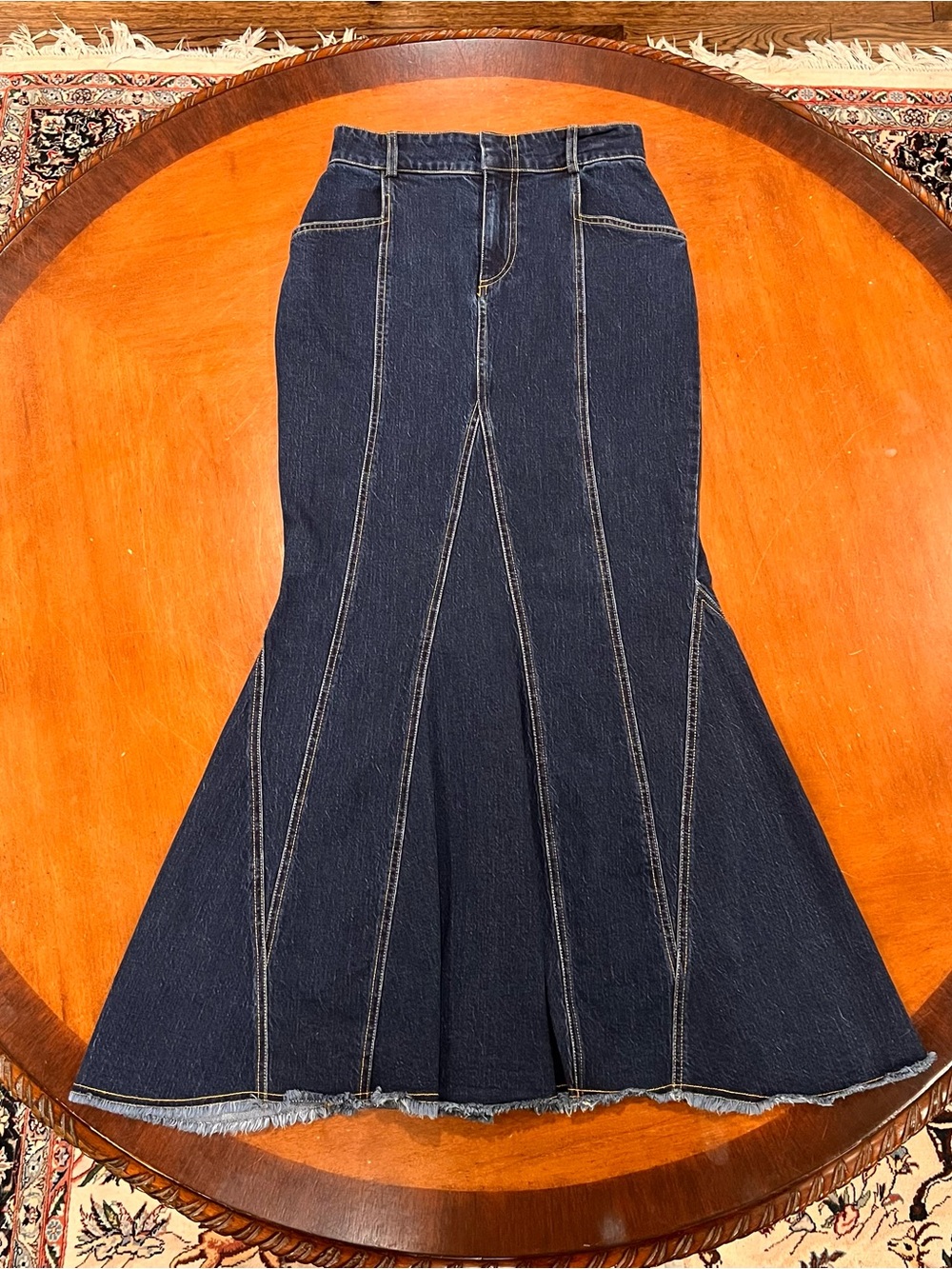 Pilcro x Anthropologie Fluted Denim Maxi Skirt Dark Wash 0 Stretch Seamed Jean - Picture 3 of 16